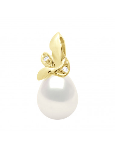 wk Pendentif Véritable Perle de Culture d'Eau Douce Poire 9-10 mm et Diamant 0 020 cts HSI en Or 375 Millièmes