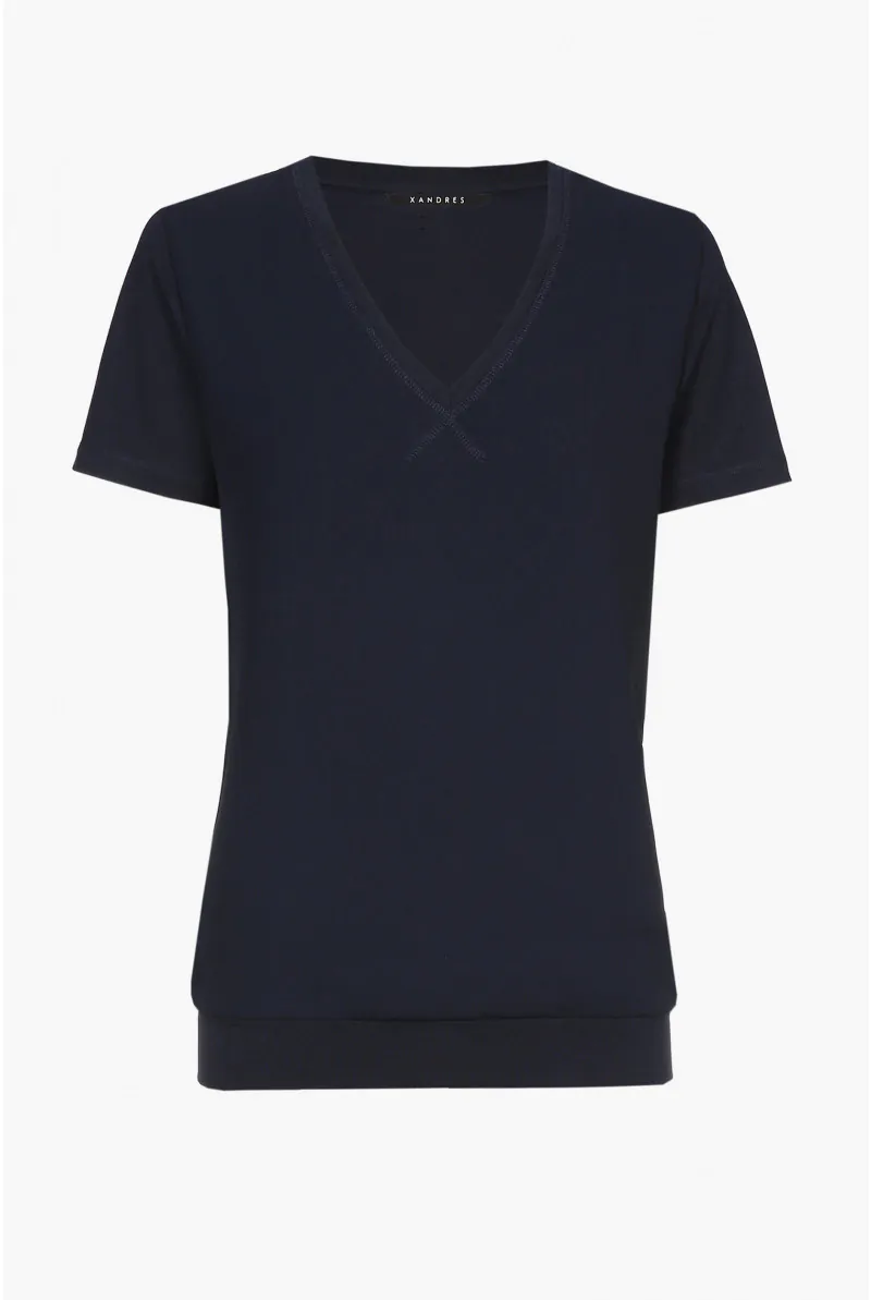 xandres T-shirt bleu marine à col en V ESS075-01-8800