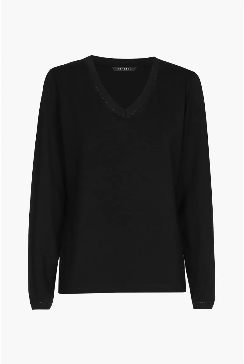 xandres T-shirt noir à manches longues et col en V. ESS074-01-0040