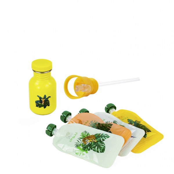 yoko design Combo Gourde "Girafe" simple paroi 350ml + 4 compotes réutilisables + le bouchon avec sa paille intégrée