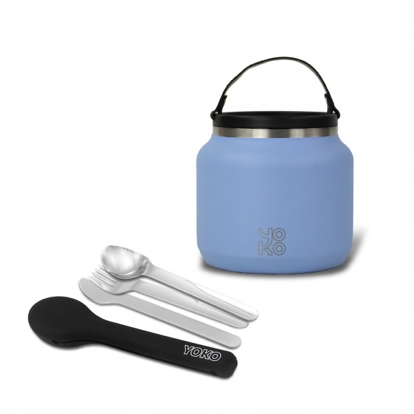 yoko design Combo Lunch box isotherme 700 ml - Bleue & Set de couverts en inox