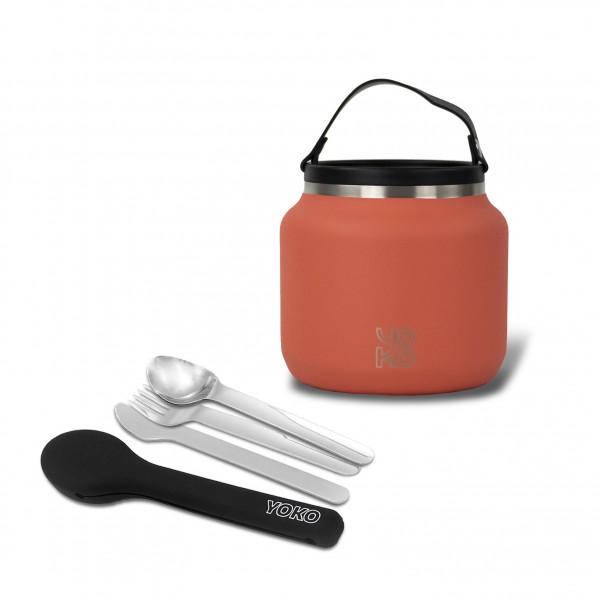 yoko design Combo Lunch box isotherme 700 ml - Corail & Set de couverts en inox