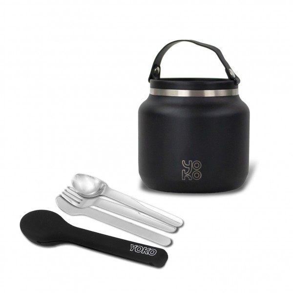 yoko design Combo Lunch box isotherme 700 ml - Noire & Set de couverts en inox