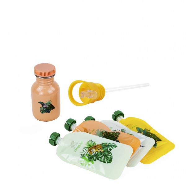 yoko design Combo Zèbre Gourde simple paroi 350ml + 4 sachets de compotes réutilisables