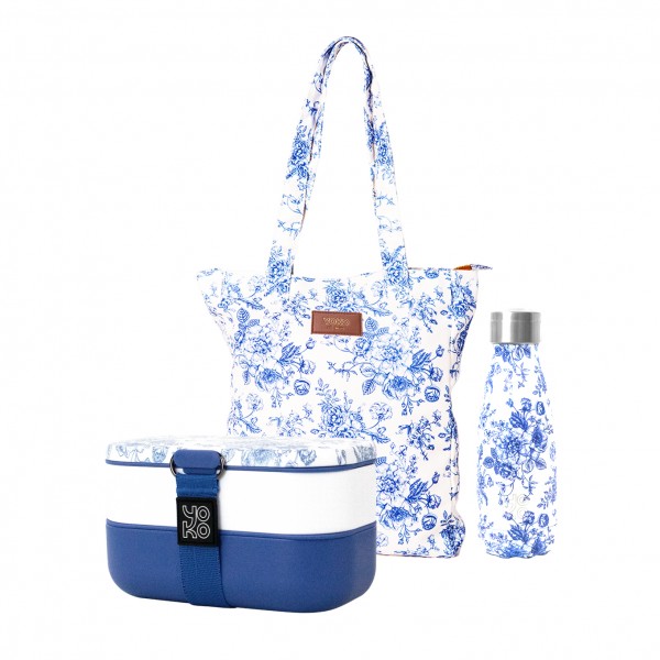 yoko design Pack bouteille isotherme & lunchbox & tote-bag Toile de Jouy