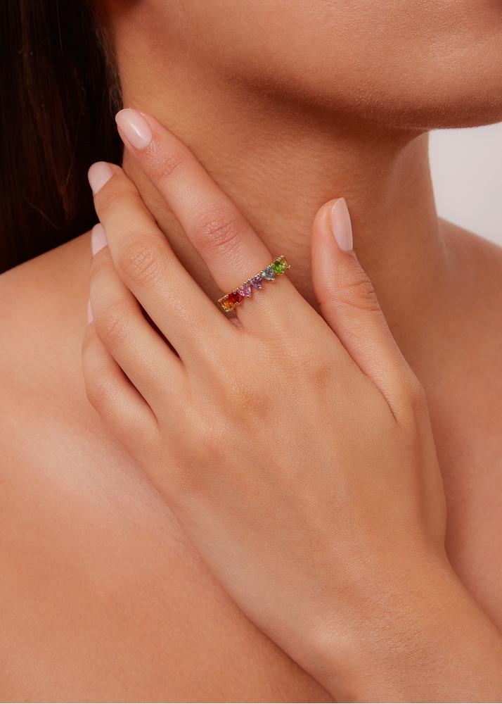 Yvonne Léon Alliance Multi Coeurs Mini Rainbow Or Jaune