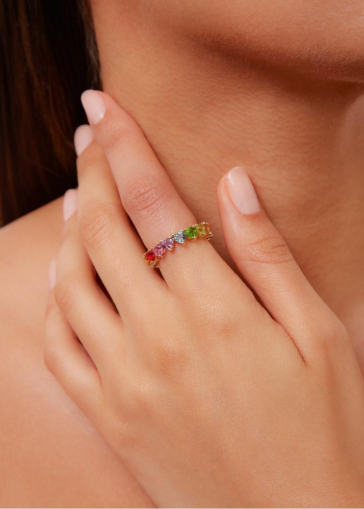 Yvonne Léon Alliance Multi Coeurs Mini Rainbow Or Jaune