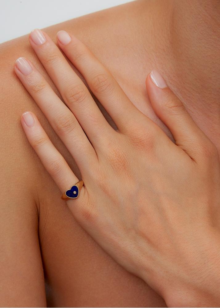 Yvonne Léon Baby Chevalière Coeur Lapis Lazuli Or Jaune