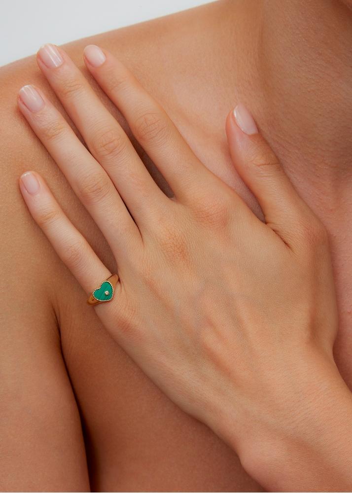 Yvonne Léon Baby Chevalière Coeur Malachite Or Jaune