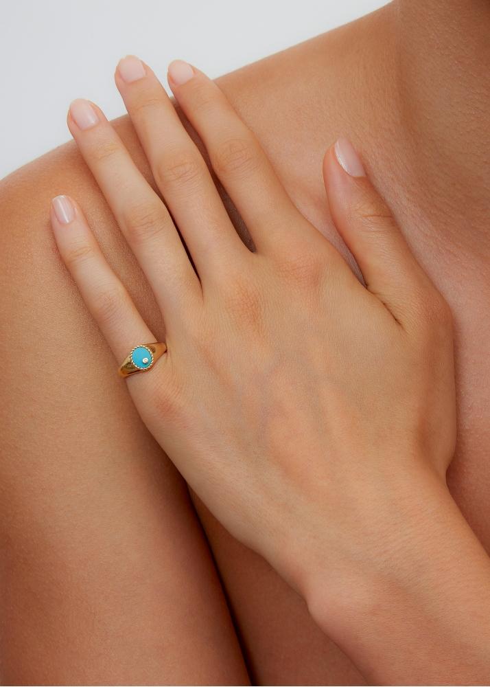 Yvonne Léon Baby Chevalière Ovale Turquoise Or Jaune