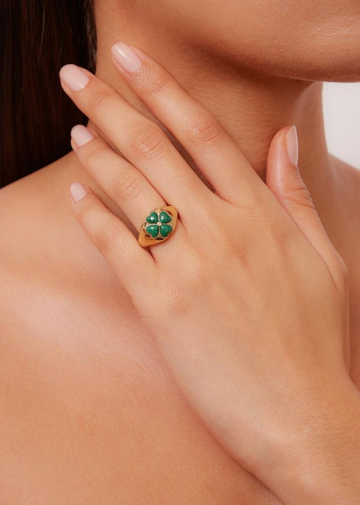 Yvonne Léon Bague Dôme Mini Trèfle Malachite Or Jaune