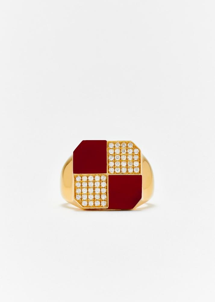 yvonne léon bague petit damier agate rouge or jaune