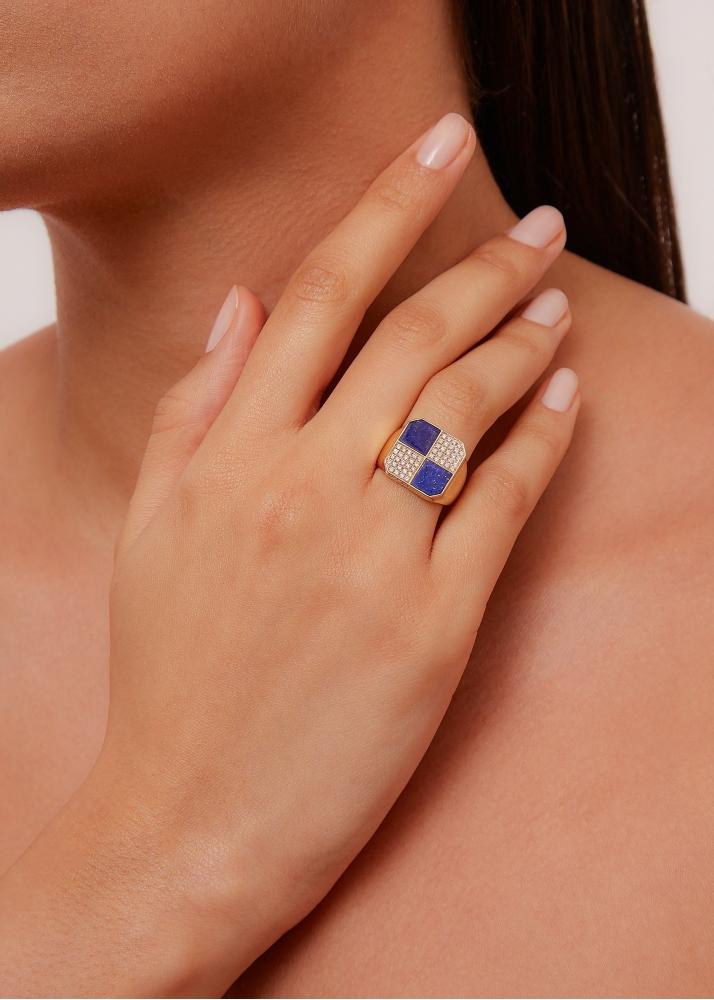 Yvonne Léon Bague Petit Damier Lapis Lazuli Or Jaune