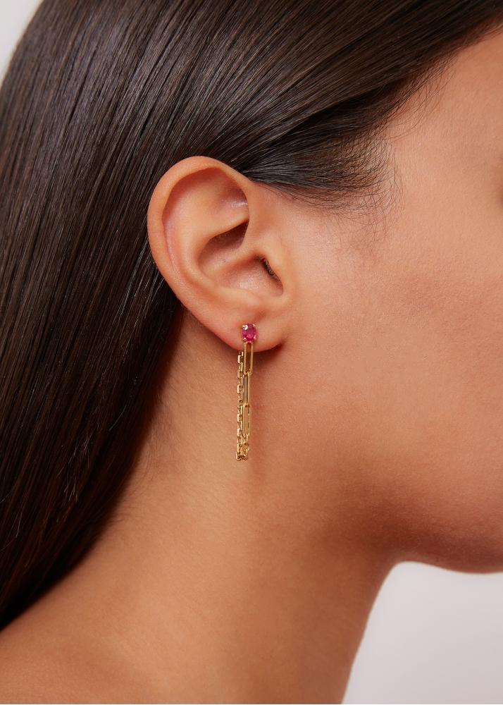 Yvonne Léon Boucle D'oreille Chaine Solitaire Rubis Or Jaune