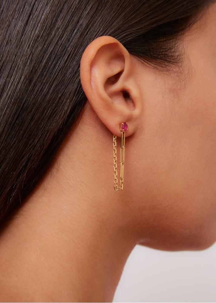 Yvonne Léon Boucle D'oreille Chaine Solitaire Rubis Or Jaune