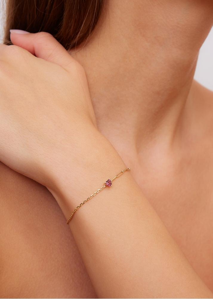 Yvonne Léon Bracelet Solitaire Coeur Rose Pm Or Jaune