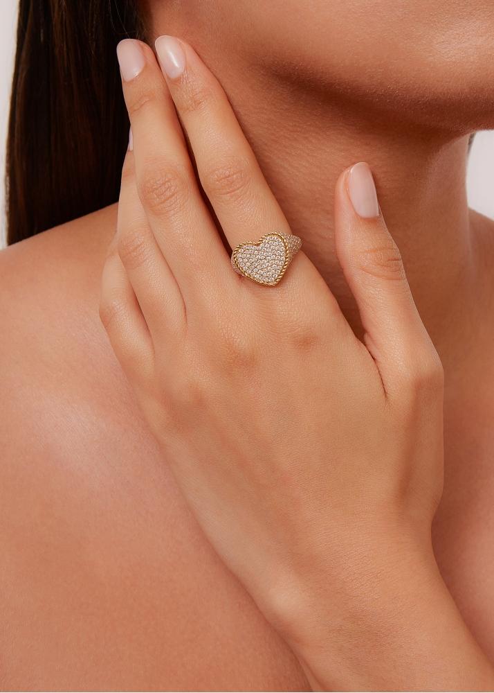 Yvonne Léon Chevalière Coeur Full Diamants Or Jaune