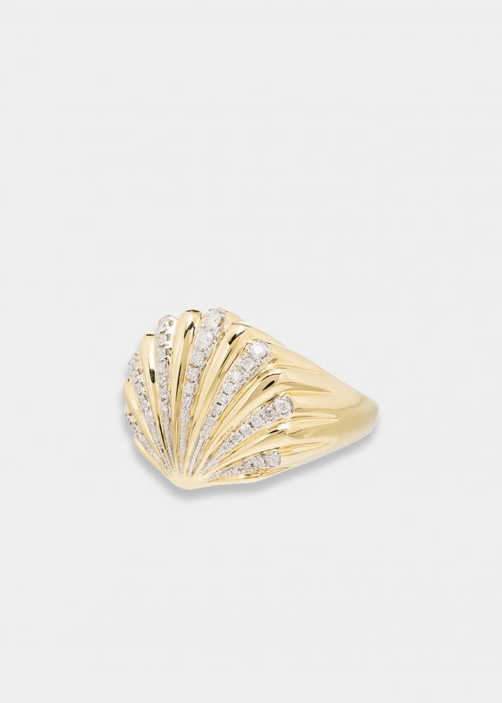 Yvonne Léon Chevalière Coquillage Demi Diamants Or Jaune