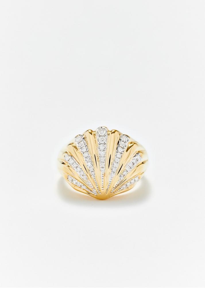 yvonne léon chevalière coquillage demi diamants or jaune