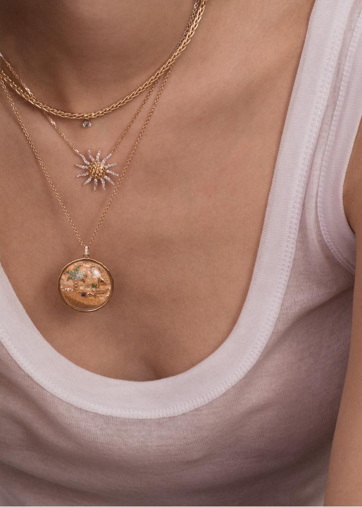 Yvonne Léon Collier Palmier Flottant Diamant Rond Or Jaune