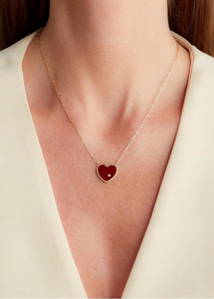 Yvonne Léon Collier Solitaire Pm Coeur Agate Rouge Or Jaune