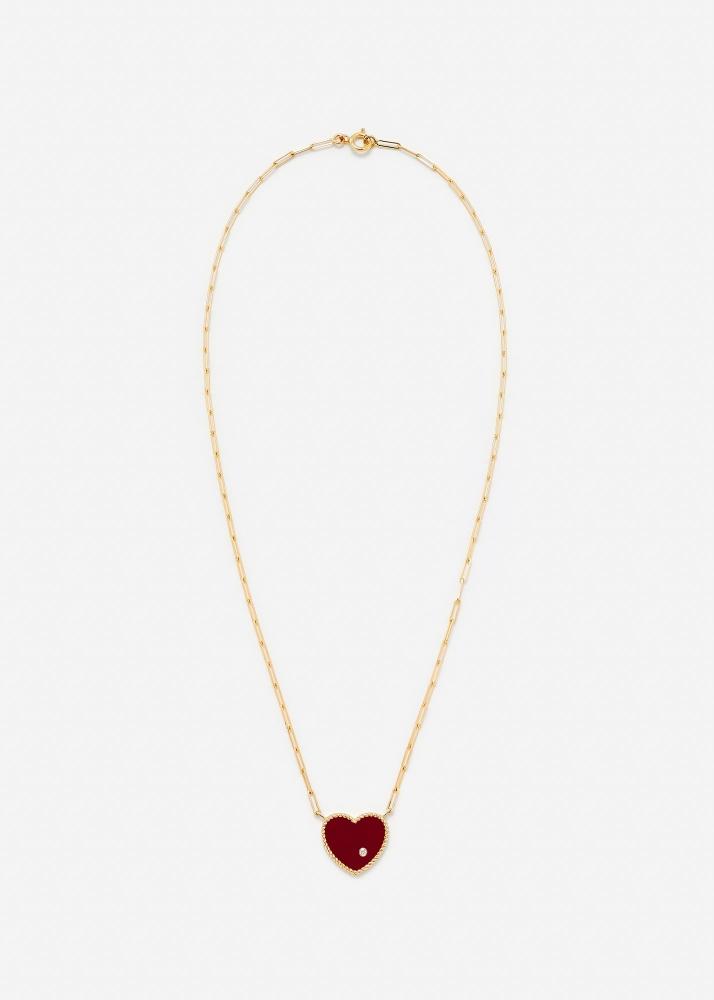Yvonne Léon Collier Solitaire Pm Coeur Agate Rouge Or Jaune