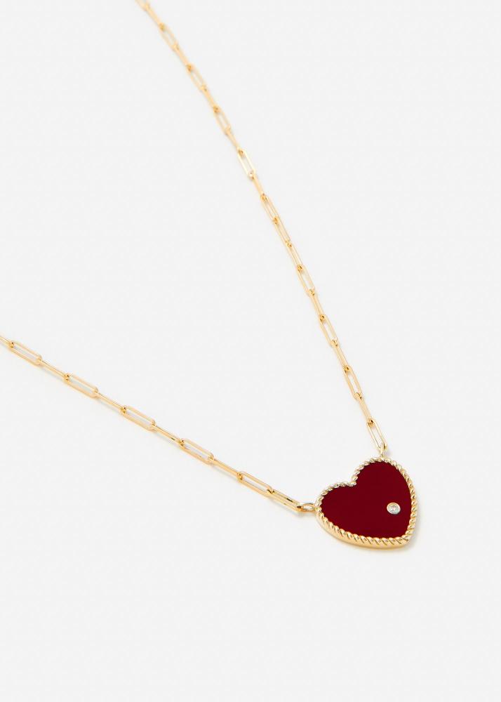 Yvonne Léon Collier Solitaire Pm Coeur Agate Rouge Or Jaune