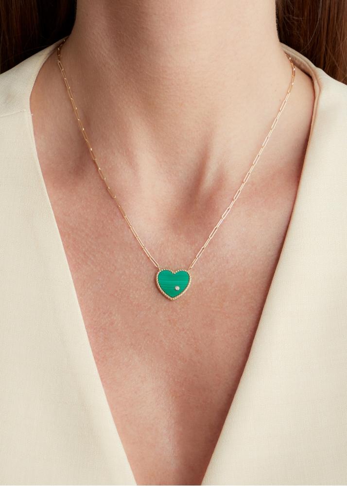 Yvonne Léon Collier Solitaire Pm Coeur Malachite Or Jaune
