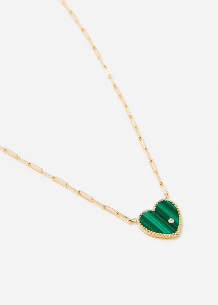 Yvonne Léon Collier Solitaire Pm Coeur Malachite Or Jaune