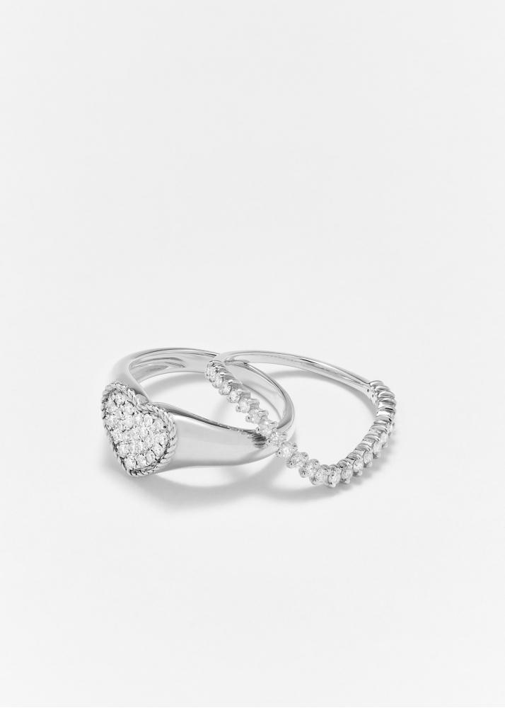 Yvonne Léon Mini Set Chevalière Coeur & Bague Vague Diamant Or Blanc