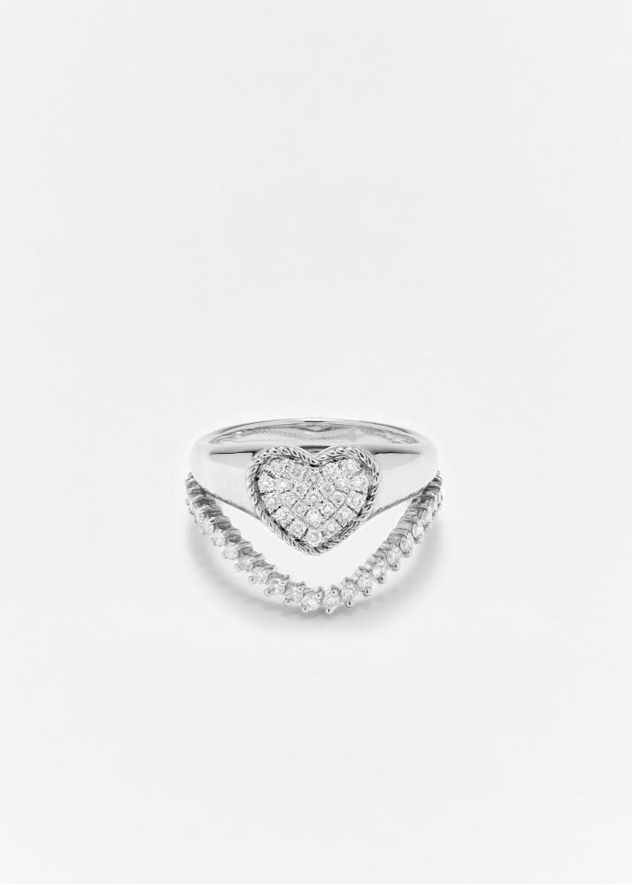 yvonne léon mini set chevalière coeur & bague vague diamant or blanc