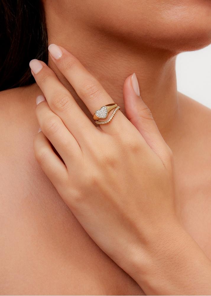 Yvonne Léon Mini Set Chevalière Coeur & Bague Vague Diamant Or Jaune