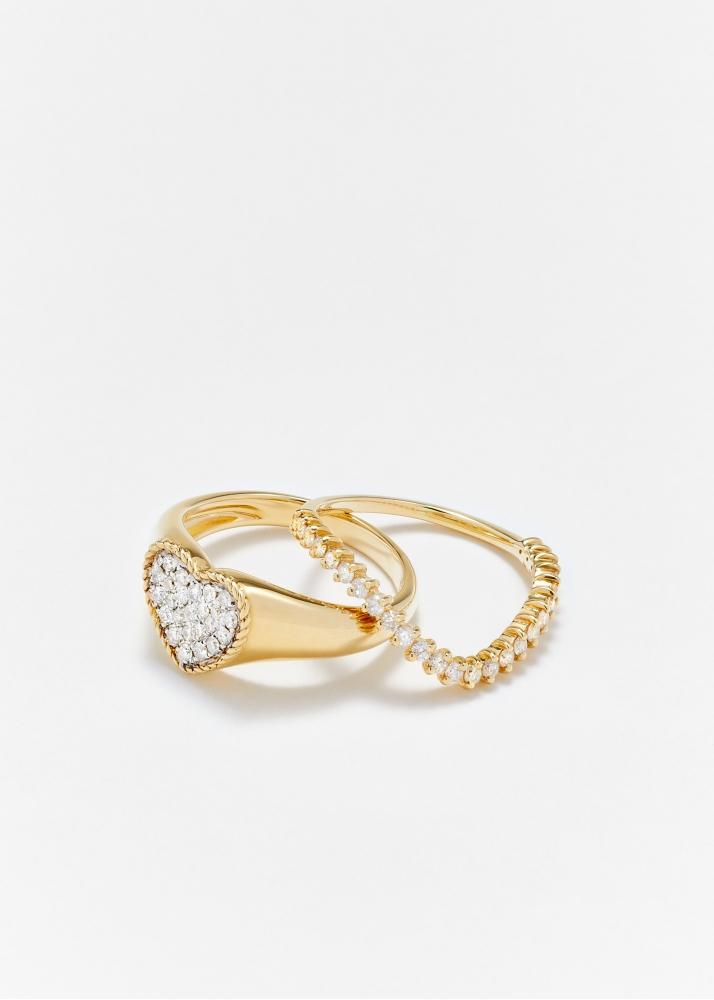 Yvonne Léon Mini Set Chevalière Coeur & Bague Vague Diamant Or Jaune