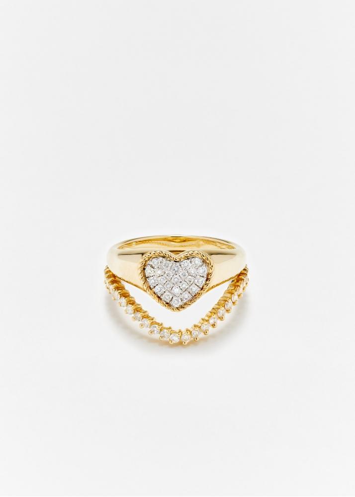 yvonne léon mini set chevalière coeur & bague vague diamant or jaune