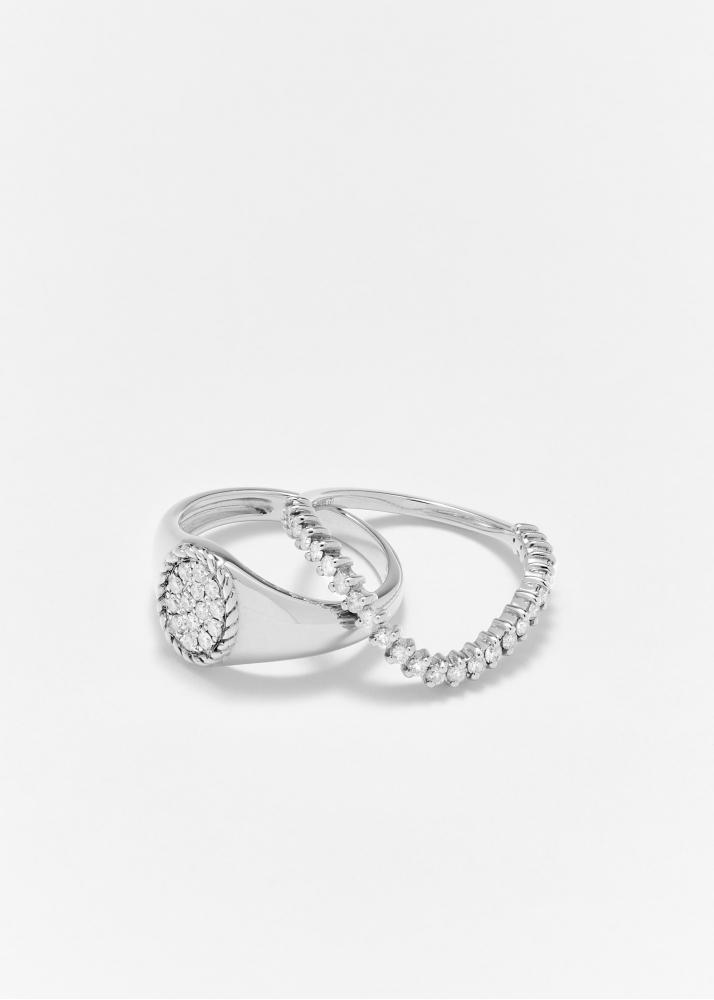 Yvonne Léon Mini Set Chevalière Ovale & Bague Vague Diamant Or Blanc
