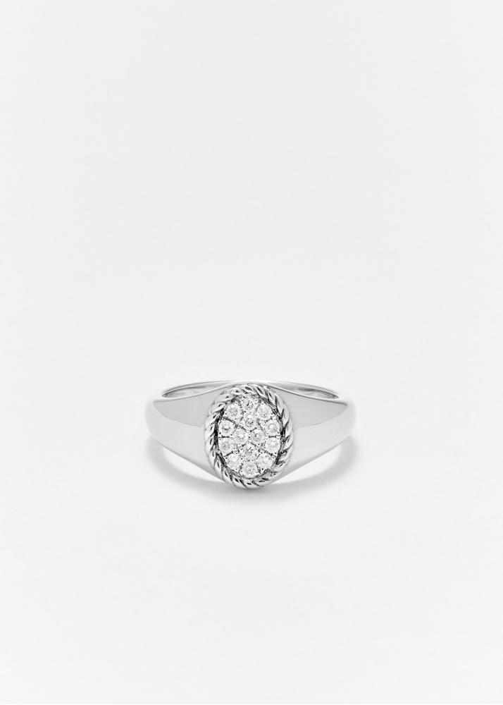 Yvonne Léon Mini Set Chevalière Ovale & Bague Vague Diamant Or Blanc