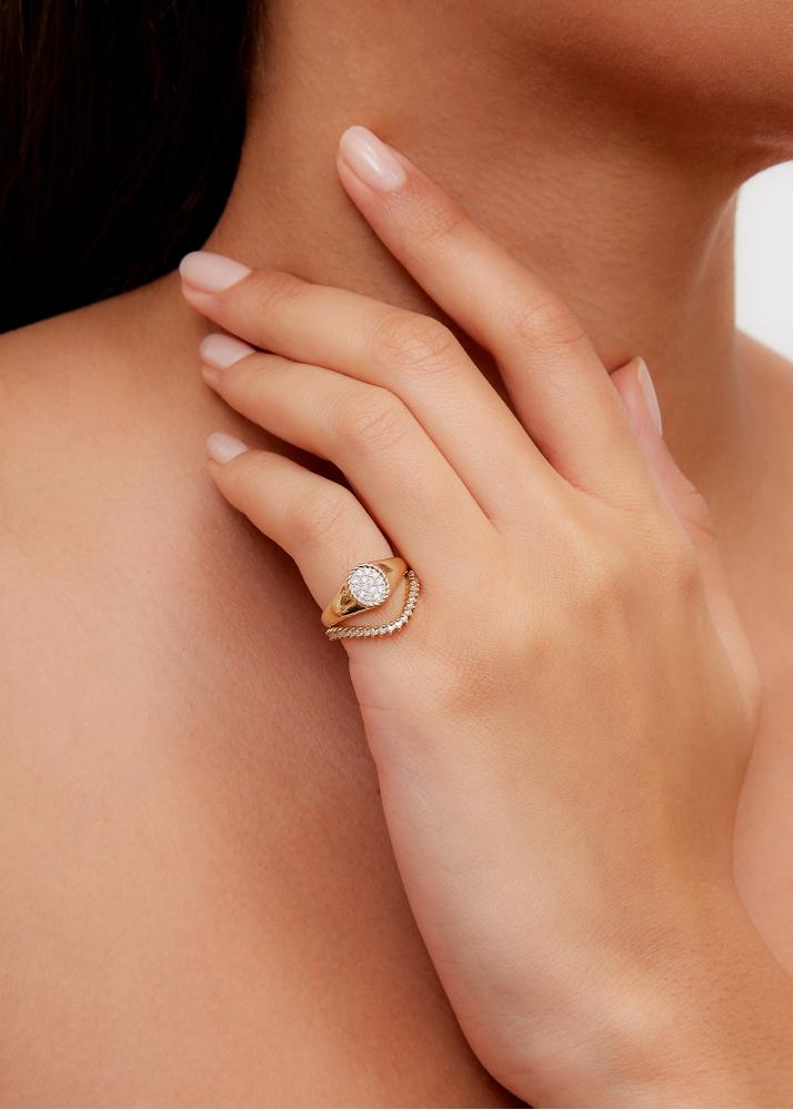 Yvonne Léon Mini Set Chevalière Ovale & Bague Vague Diamant Or Jaune