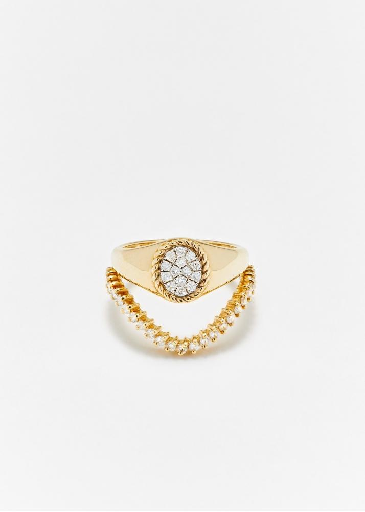 yvonne léon mini set chevalière ovale & bague vague diamant or jaune