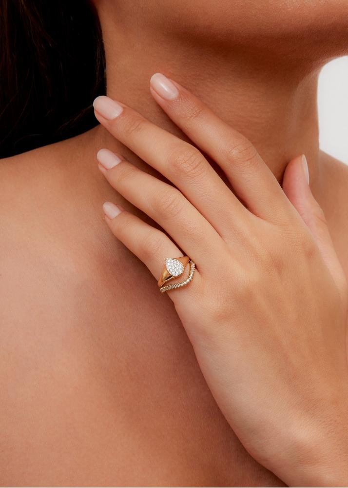 Yvonne Léon Mini Set Chevalière Poire & Bague Vague Diamant Or Jaune