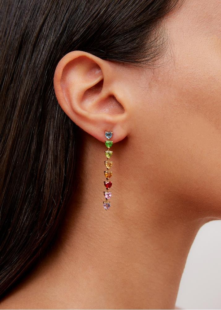 Yvonne Léon Paire De Boucles D'oreille Longues Multi Coeurs Mini Rainbow Or Jaune