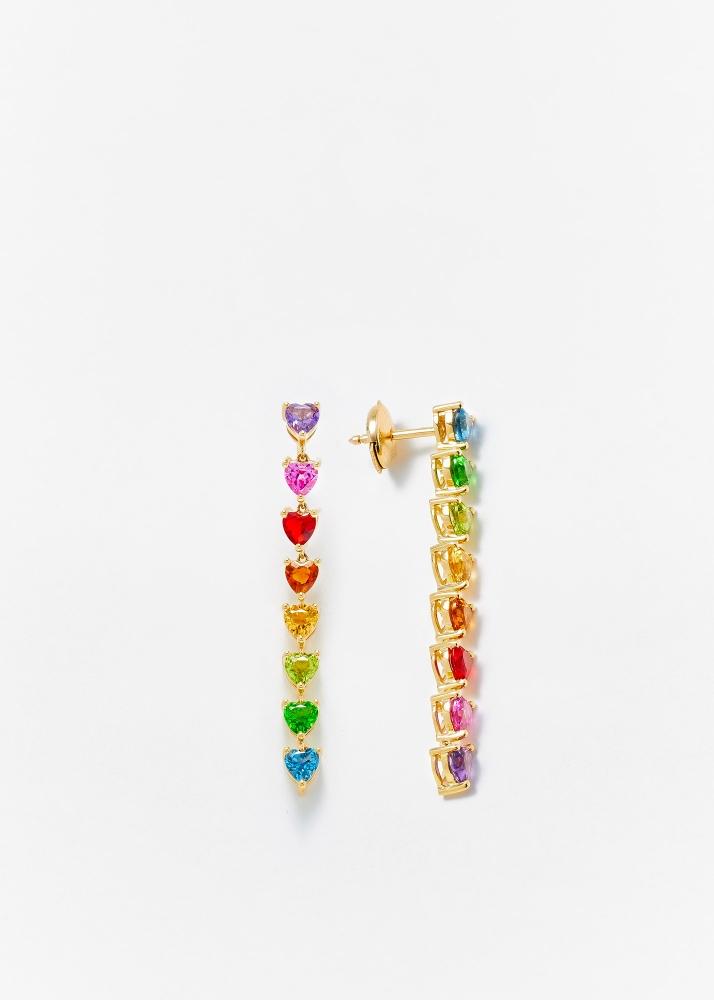 yvonne léon paire de boucles d'oreille longues multi coeurs mini rainbow or jaune