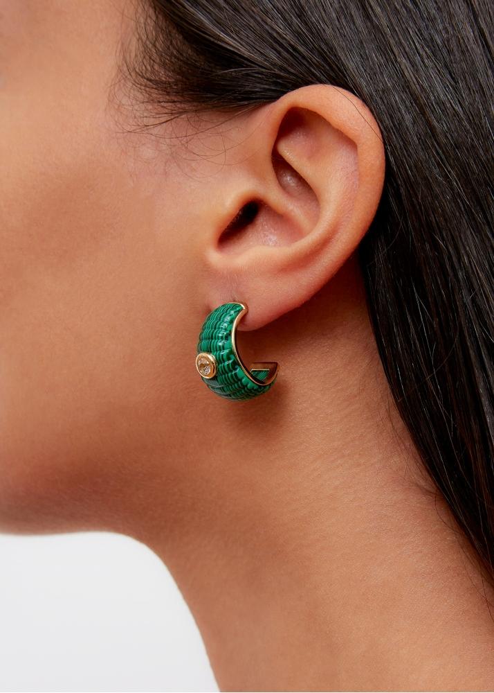 Yvonne Léon Paire De Créoles Berlingot Gm Malachite Or Jaune