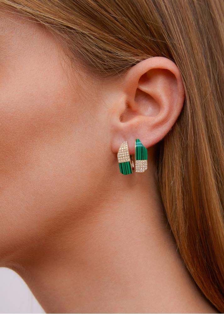 Yvonne Léon Paire De Créoles Damier Malachite Or Jaune
