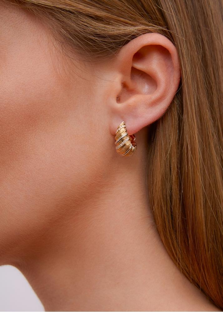 Yvonne Léon Paire De Créoles Gaufrette Diamants 2 Ors