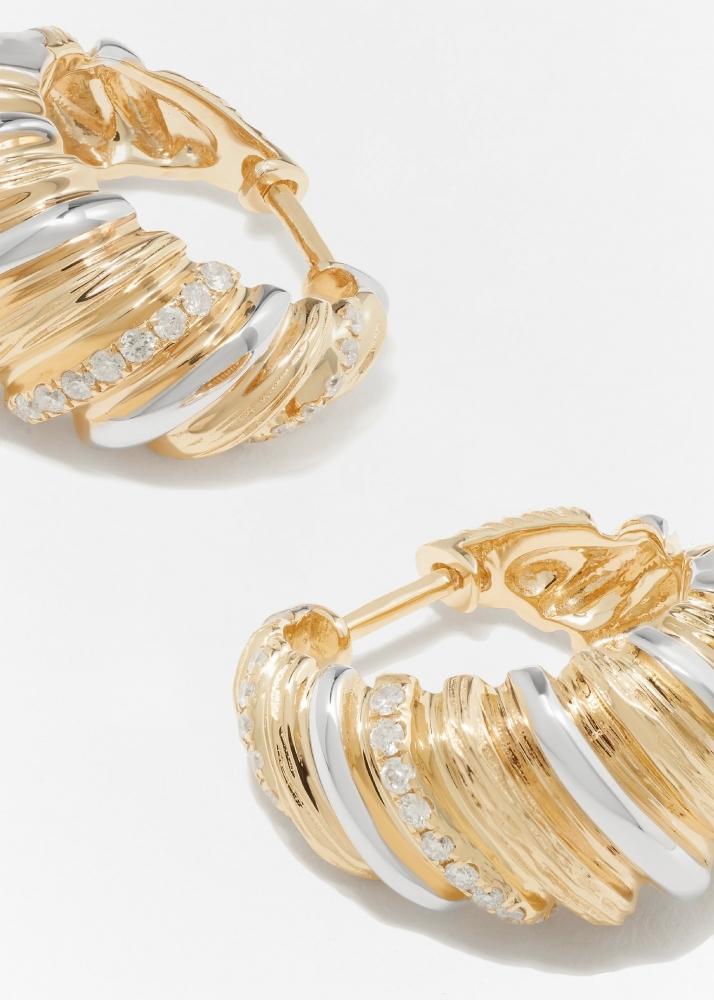 Yvonne Léon Paire De Créoles Gaufrette Diamants 2 Ors