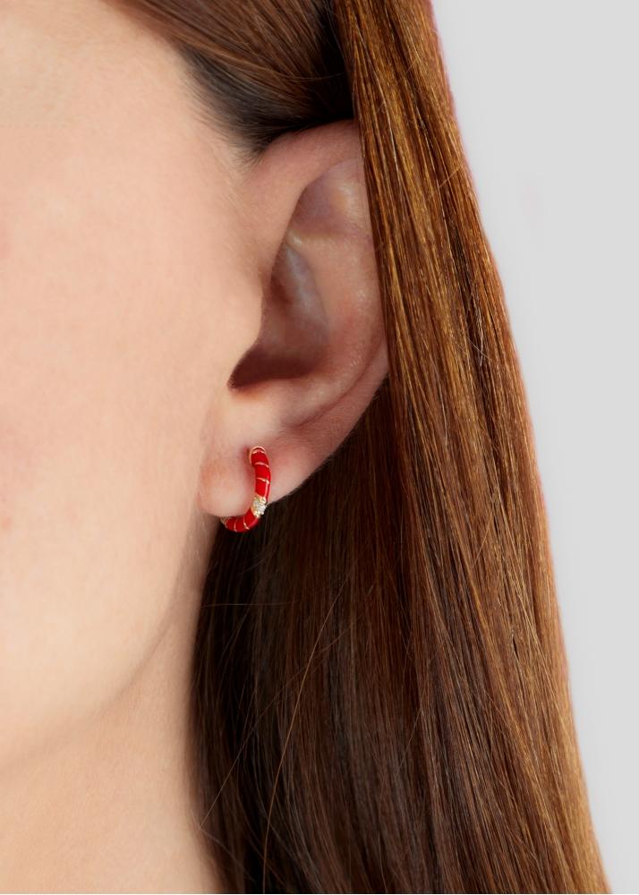 Yvonne Léon Paire De Créoles Mini Torsade Email Rouge Or Jaune