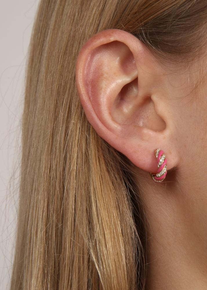 Yvonne Léon Paire De Créoles Torsade Fuchsia Diamants Or Jaune