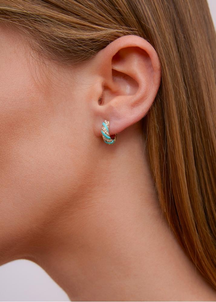 Yvonne Léon Paire De Créoles Torsade Turquoise Diamants Or Jaune