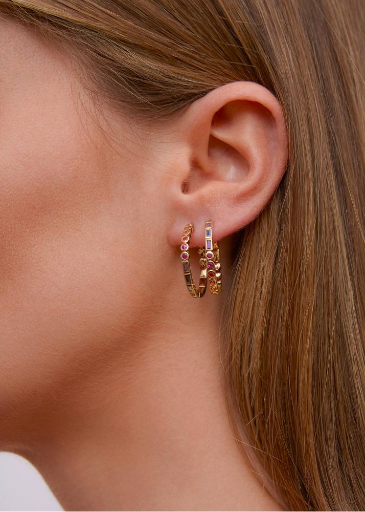 Yvonne Léon Paire De Maxi Créoles Rivière Baguettes Clos Rainbow Or Jaune