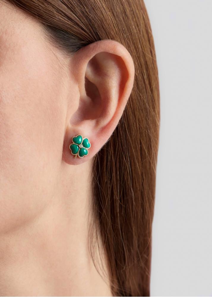 Yvonne Léon Paire De Puce Dôme Trèfle Malachite Or Jaune